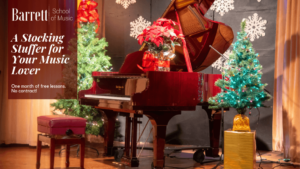 Piano on a stage with christmas decorations